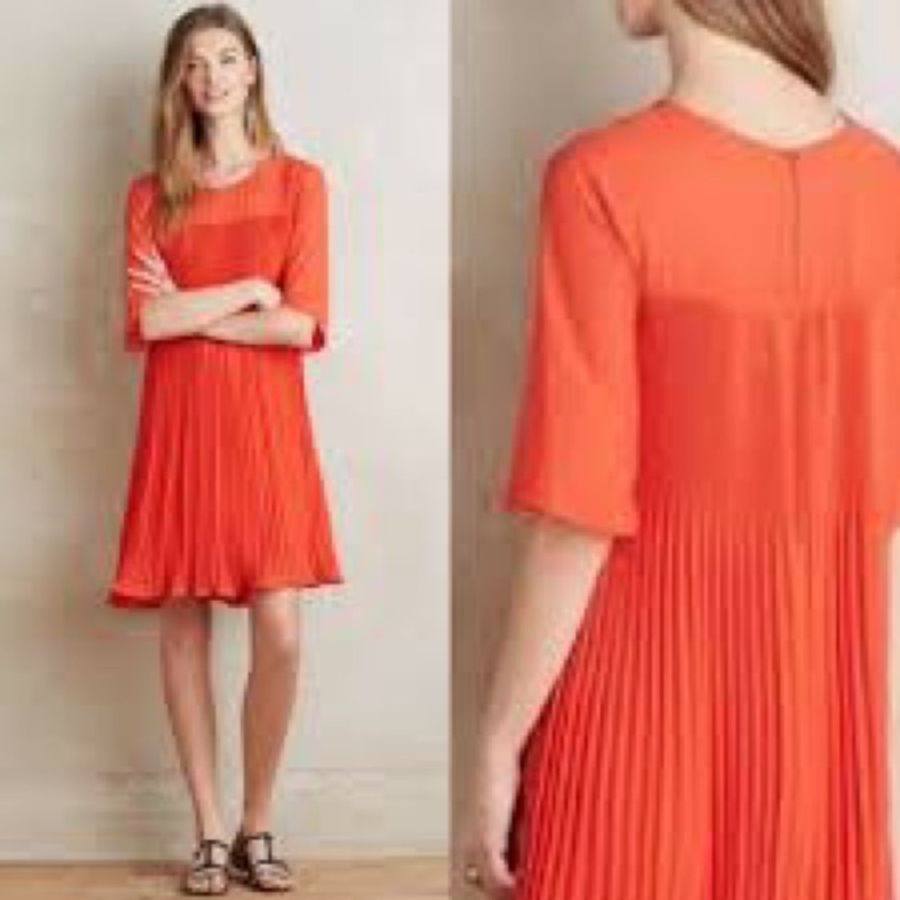 Anthropologie Bright Orange Maeve Edie Pleated Swing Dress Size 4